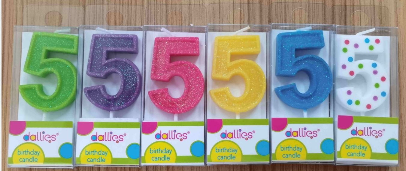 Dallies #5 Birthday Candle W/Pick, Assorted Colors with Polka Dots or Glitter, 1.8 in, 1ct