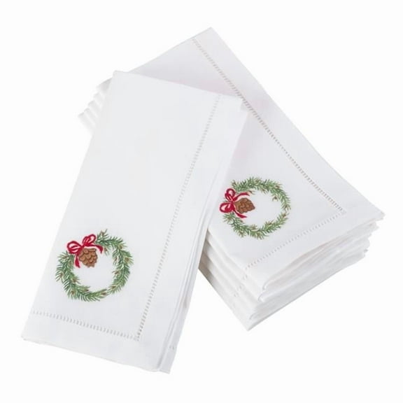 Saro Lifestyle Embroidered Wreath Christmas Hemstitched Border Napkin (Set of 6 )