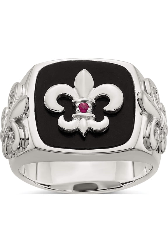 Sterling Silver .03Ruby/Black Agate Fleur De Lis Ring (Size 9) Made In Thailand qr7409-9