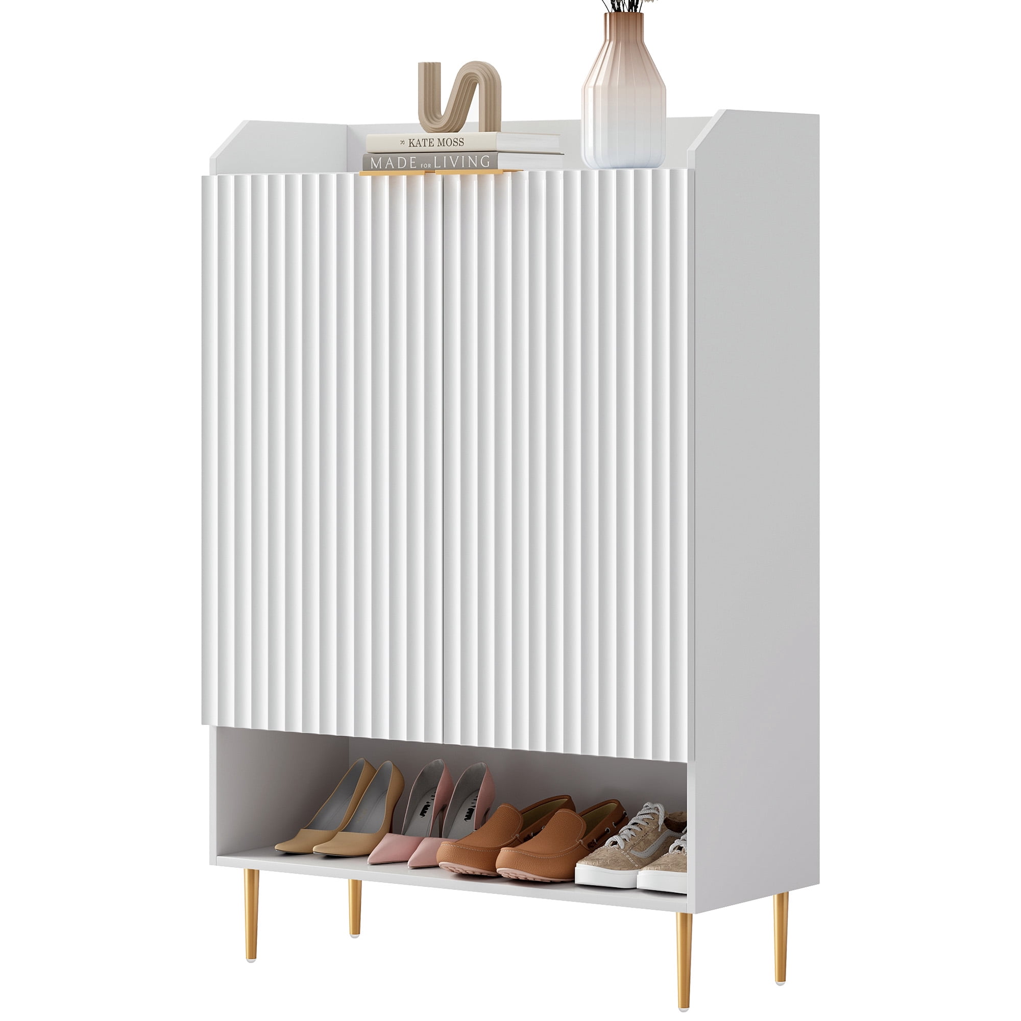 SICOTAS 50.7"H Tall Shoe Storage Cabinet with 2 Fluted Doors & 4 Adjustable Shelves, High-Gloss White 7-Tier Modern Shoe Cabinet up to 24 Pcs, Narrow Shoe Organizer Cabinet for Entryway