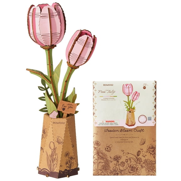 ROBOTIME Pink Tulip Wooden 3D Puzzle Craft Kits for Adults to Build, Artificial Flowers Model Building Kits Home Decor, Valentine's Day Mother's Day Gifts for Women