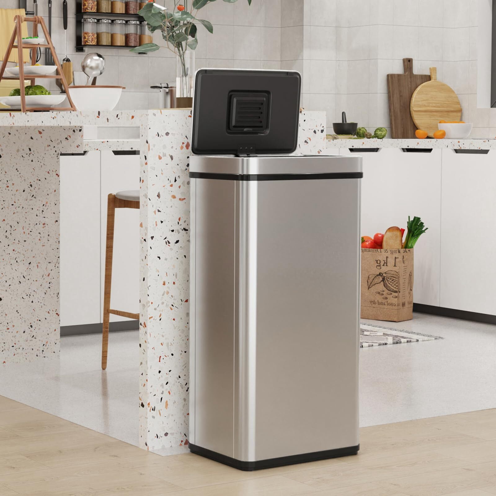 18.5 Gallon(70 L) Kitchen Trash Can with Odor Filter, Holaki Stainless Steel Oval Automatic Trash Can, Touchless Rectangular Motion Sensor, Removable Inner Bucket, Silver