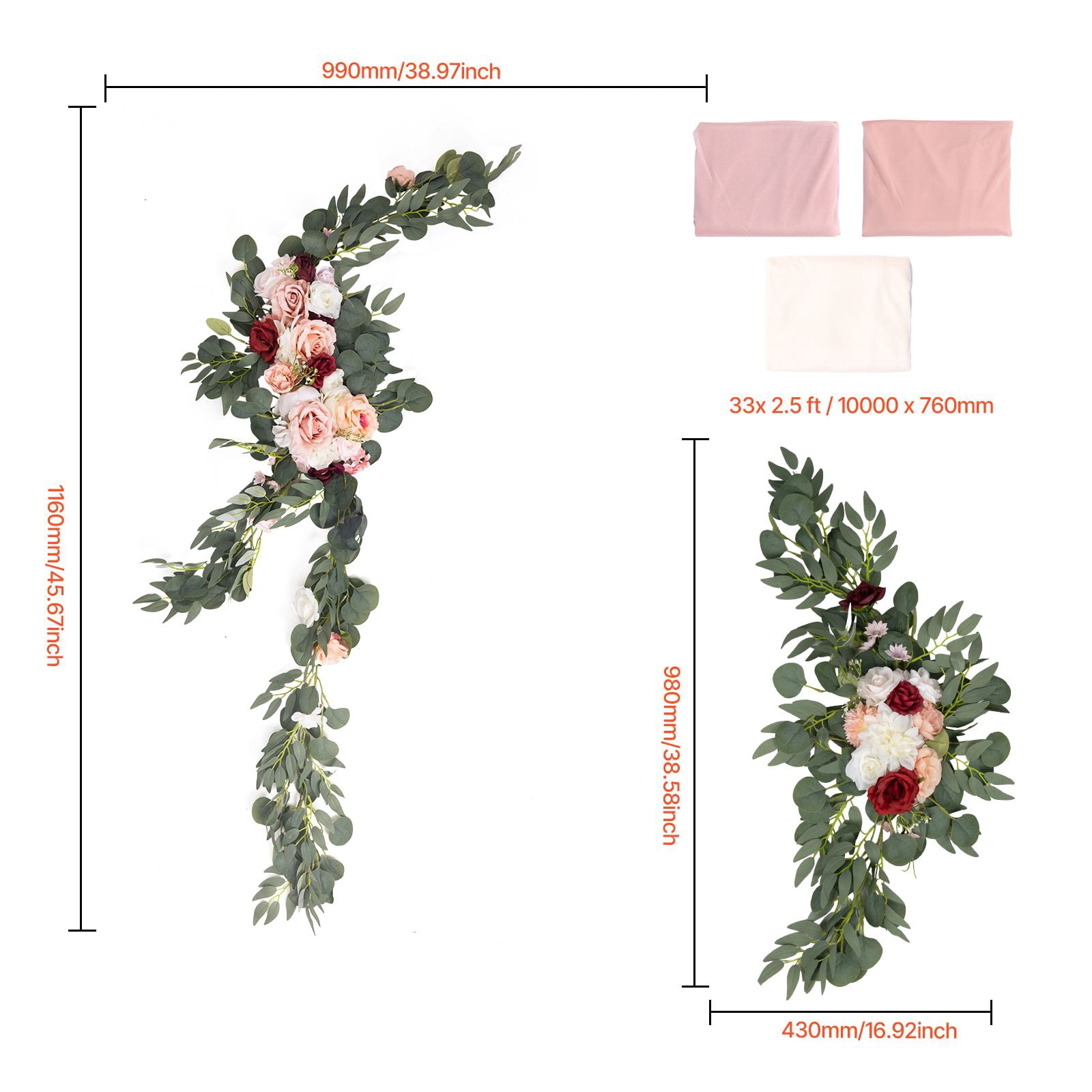 Wedding Arch Flowers Kit, 33ft Drape, 2 Clusters of Handmade Silk Flowers, Gold Foil Trim, Easy Installation, for Wedding Ceremony, Engagement & Party Decor