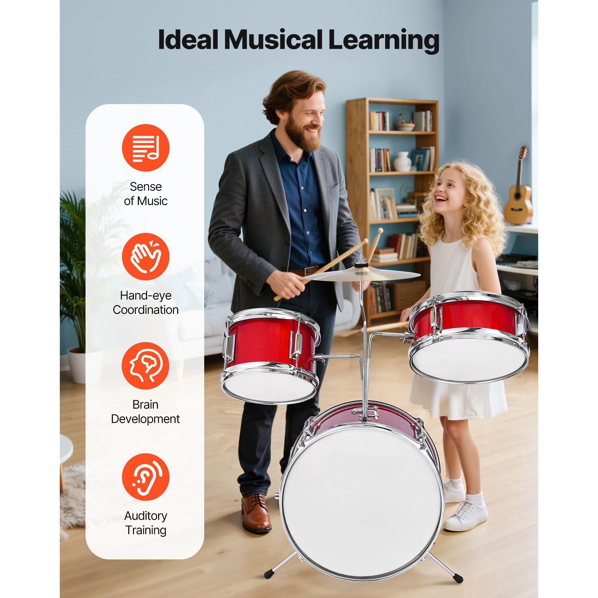 Junior Drum Set 3 Piece 14 Inch Kids Drum Kit with Adjustable Stool Cymbal and Drumsticks Musical Learning Instrument for Children Ages 6-13 Red