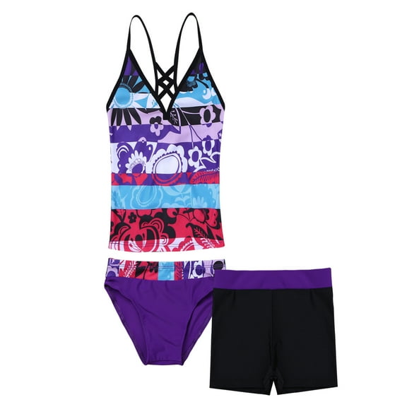 YONGHS Kids Girls 3-Piece Tankini Sets Swimsuit Top with Briefs Shorts Set Swimwear Bathing Suit
