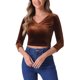 thumbnail image 1 of INSPIRAR CHIC Blusa de terciopelo recortada de manga 3/4 con escote en V para mujeres S Marrón oscuro, 1 of 5