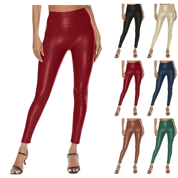 Women's Stretchy Faux Leather Leggings High Waisted Pleather Pants Sexy PU Butt Lifting Leather Tights Wine M