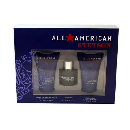 All American Stetson 3 Pc. Gift Set ( Cologne Spray 1.7 Oz + Soothing Aftershave Lotion With Aloe 4.0 Oz + Hair And Body Wash 4.0 Oz ) for Men by