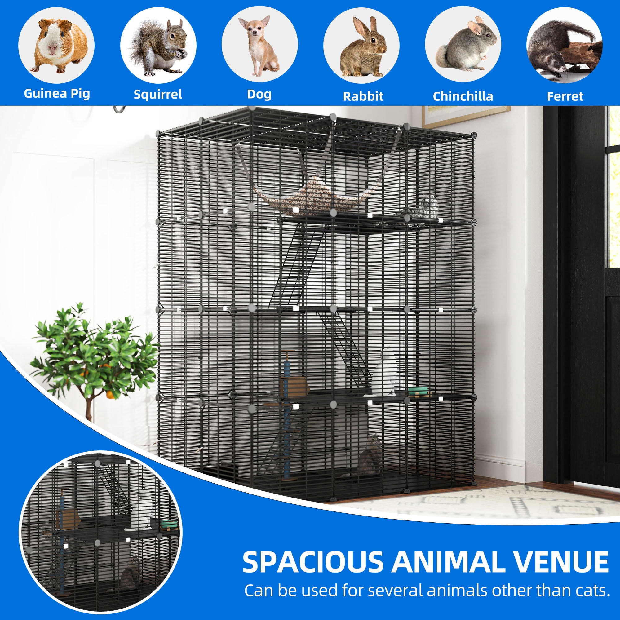 Uforic 55" Large 4 Tier Cat Cage, Indoor Cat Enclosures with Large Hammock, DIY Cat Playpen Metal Kennel for 1-3 Cats,28"L x 41"W x 55"H,Black