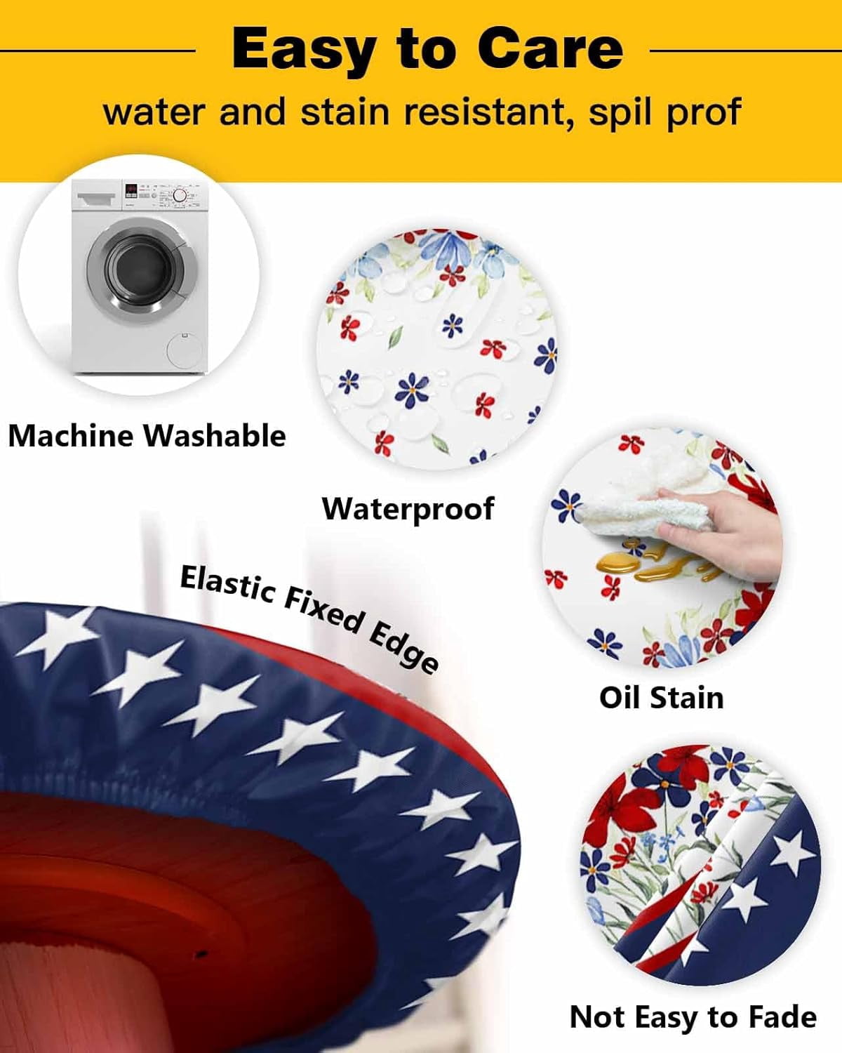 Red Black Floral Round Tablecloth Fitted Table Cover, Elastic Tablecloths Waterproof Outdoor Indoor Stretch Cloth Tablecover for Dinner, Party, Shower, Spring Tulip Blue Flower Spring Summer 36-44IN