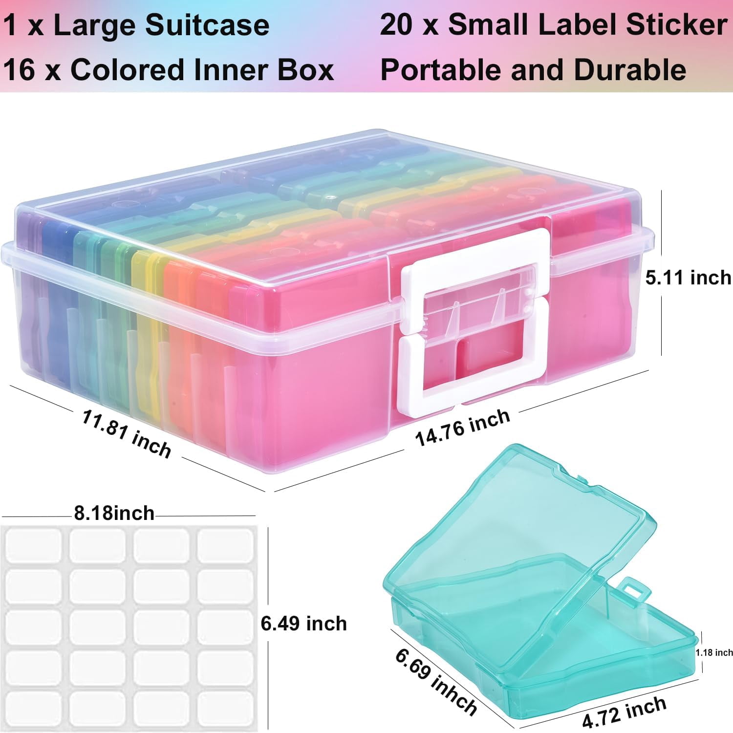Photo Storage Box with 16 Inner 4" x 6" Photo Case, Portable Storage Organizer with Handle Craft Keeper for Picture, Stickers, Stamps, Screws, Hair Clips, Colored