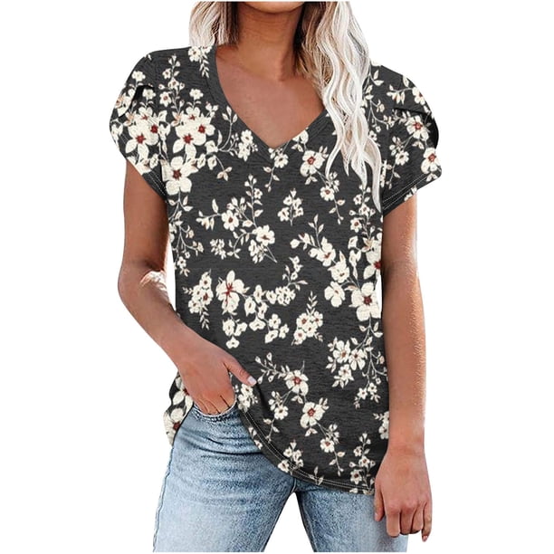 Camiseta de Manga Corta Suelta con Cuello en V Impresa, Blusa Casual para el Hogar Y el Uso Diario