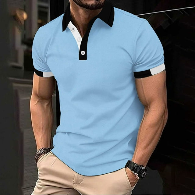 pstuiky camisetas de hombre, Camisa tipo blusa de manga corta con cuello vuelto y botones en bloques de color para hombre camisetas de hombre s