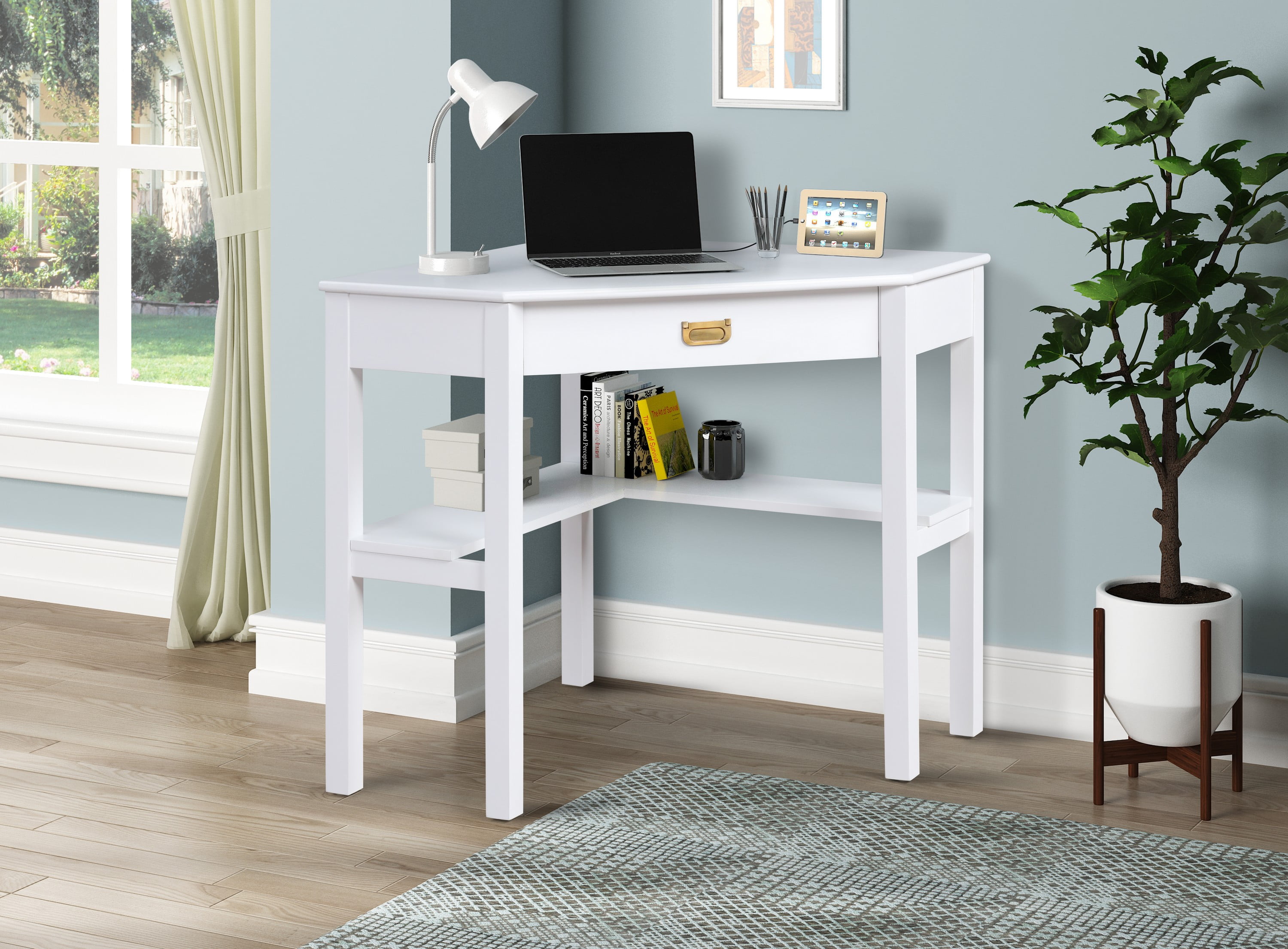 white corner desk with keyboard tray