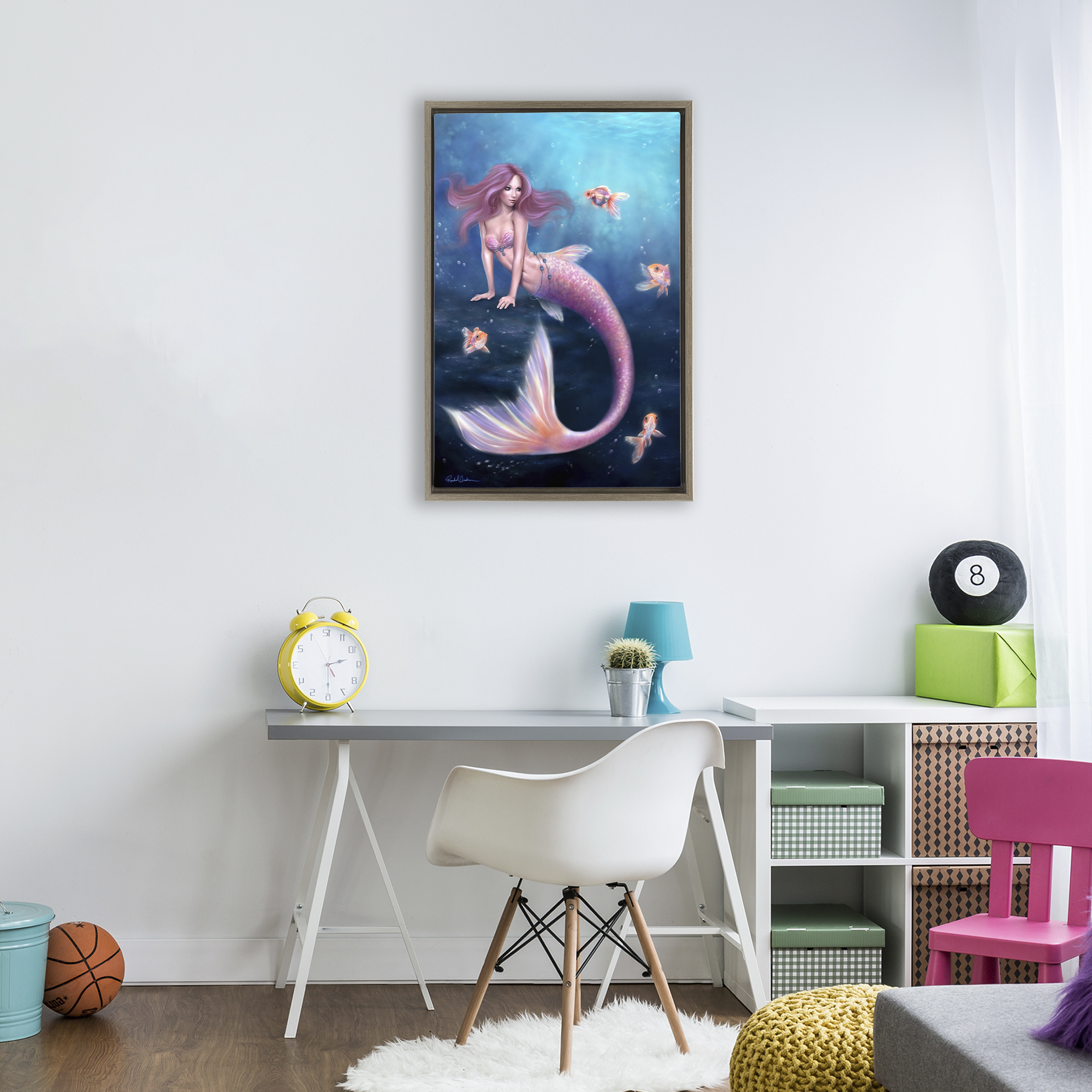 Aurelia Mermaid & Fish Brown Framed Floater Canvas Wall Art, design by Rachel Anderson