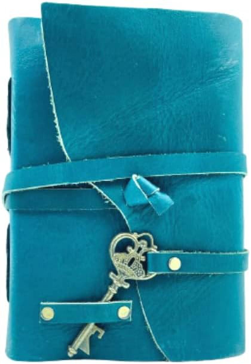 OVERDOSE Deckle Turquoise Leather Journal with Key - Vintage Journal Men & Women Sketch Writing Diary Sketchbook Book of Shadows Handmade Vintage Deckle Edge Paper 5 x 7 inches | 12 x 17 cm | A6