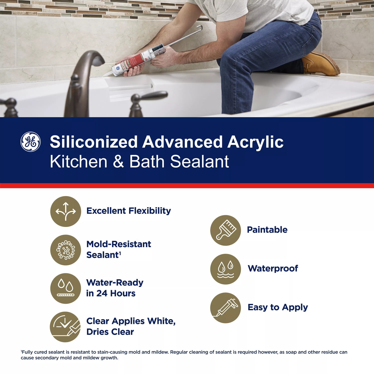 (2 pack) GE Siliconized Acrylic Advanced Sealant Kitchen & Bath, Pack of 1, Clear 10 fl oz Cartridge