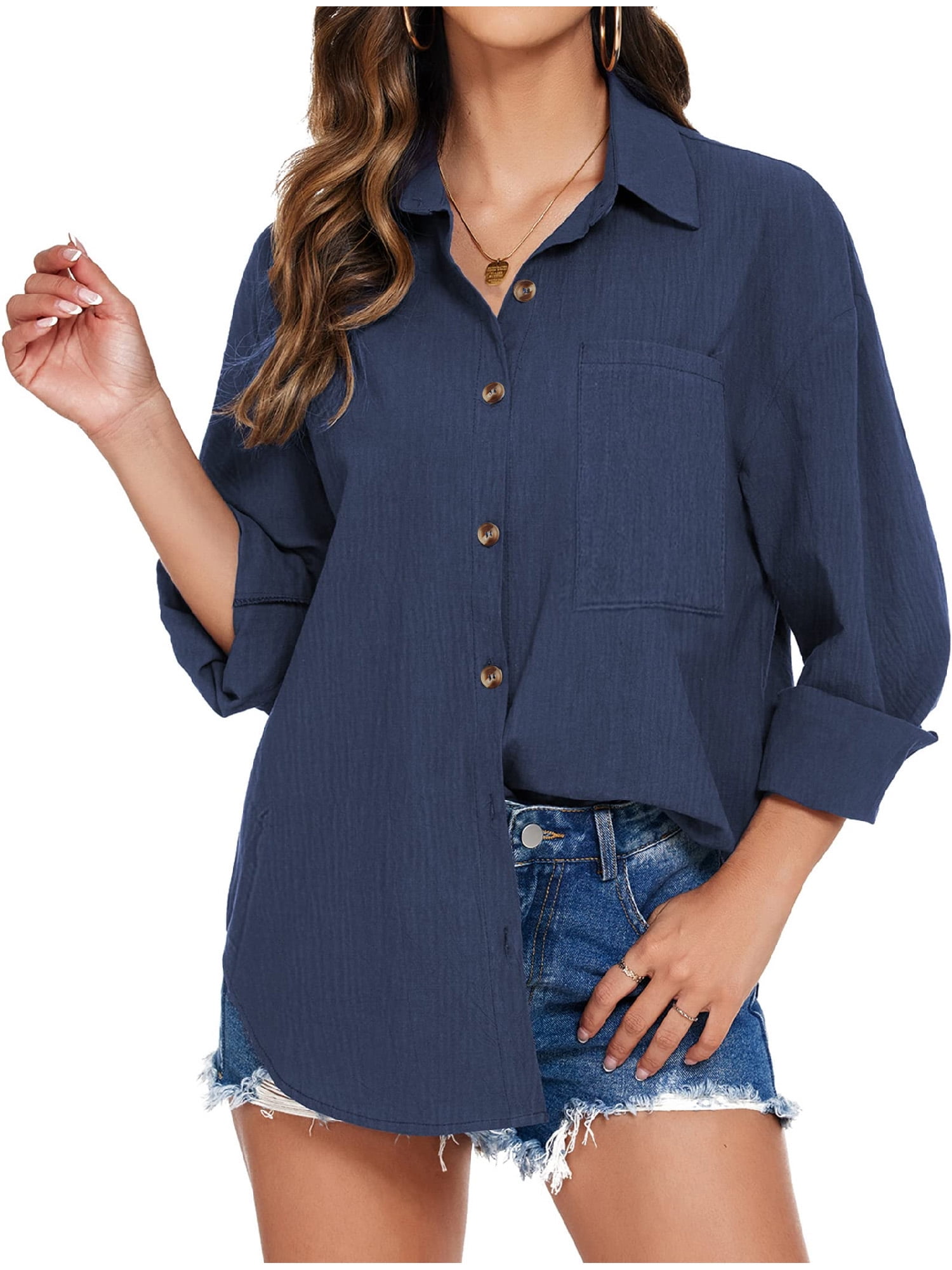 Womens Long Sleeve Cotton Button Shirts Casual Top Dark Blue