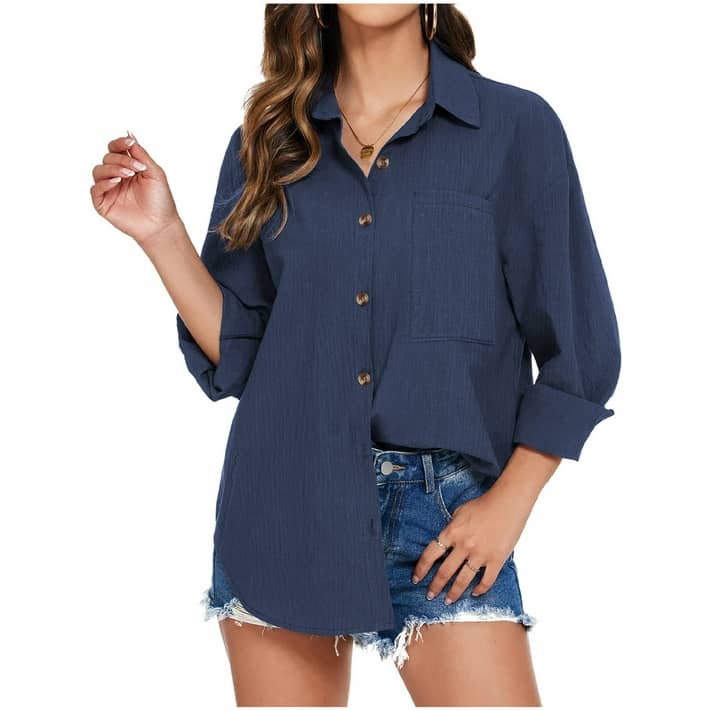 Womens Long Sleeve Cotton Button Shirts Casual Top Dark Blue - Walmart.com