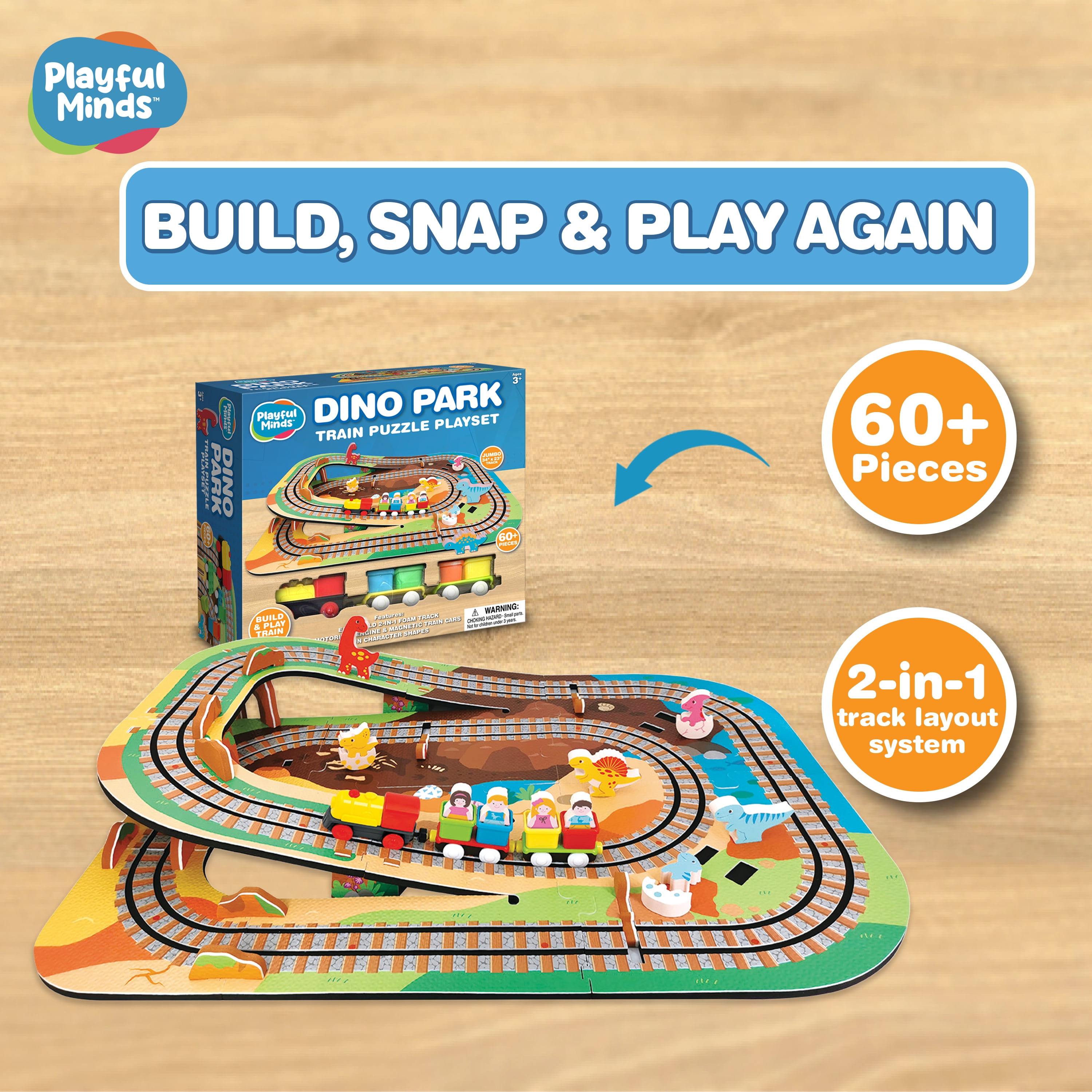 Playful Minds Dino Park Train Puzzle – 60 Pc Foam Track & Motorized Train Set for Kids 3-5