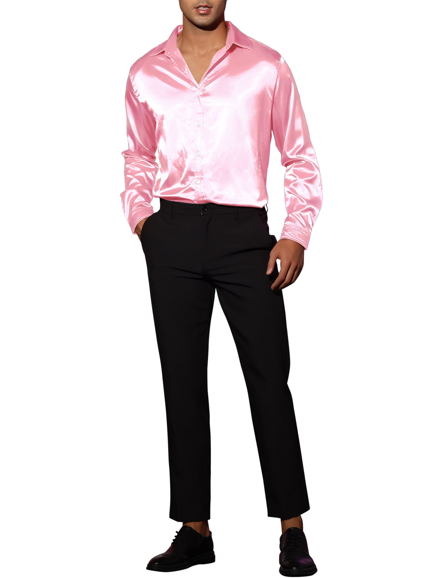 Unique Bargains Men's Satin V Neck Long Sleeves Button Down Prom Shirts L Pink