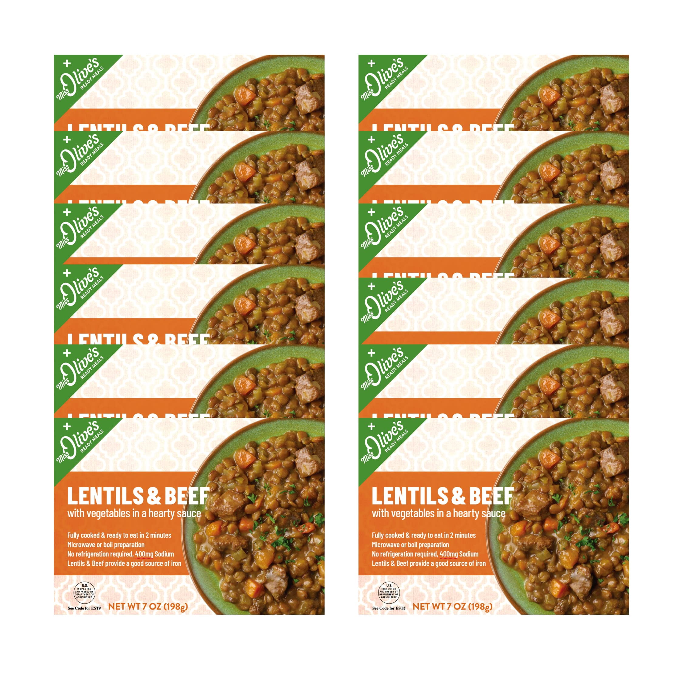 Miss Olives Lentil & Beef with Vegetables in Heavy Sauce Microwavable Lower Sodium Meals (Pack of 12)