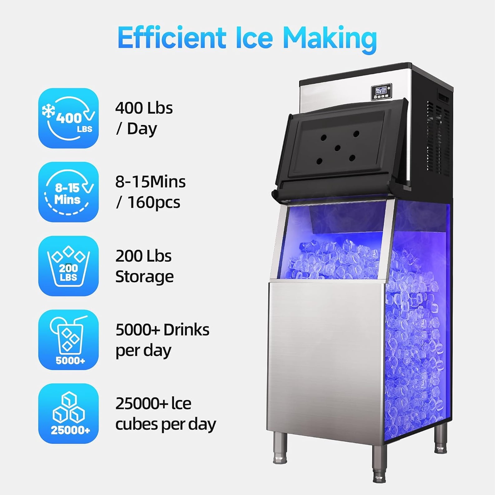 Commercial Ice Maker – 418 lbs/24h Production with 198 lbs Ice Storage, ETL Certified