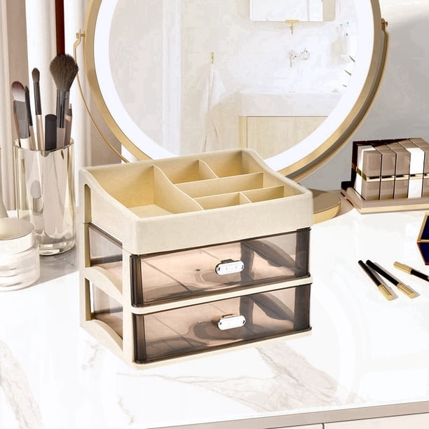 Caja organizadora de cajones de almacenamiento de plástico | Contenedor de almacenamiento extraíble engrosado para el hogar, la oficina, el maquillaje, la sala de estar, el dormitorio | Beige
