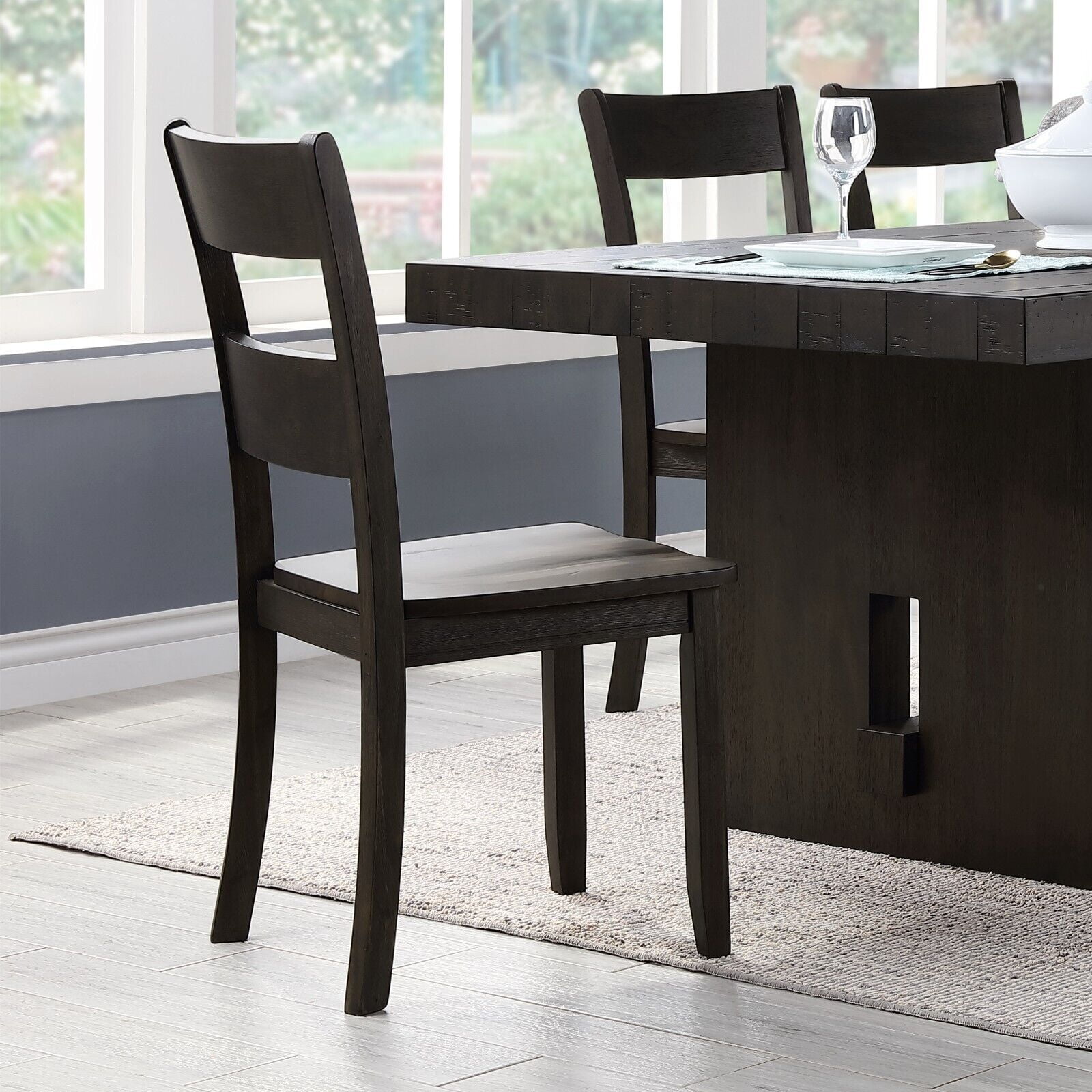 Distressed Walnut Finish Wooden Dining Chairs 4pc Set Ladder Back