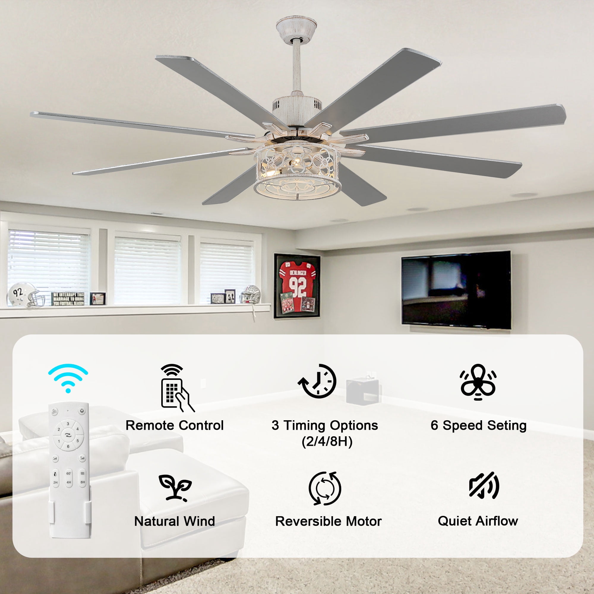 Bella Depot 72" Ceiling Fan 6-speed Farmhouse Metal Cage 3-Light Chandelier with Remote