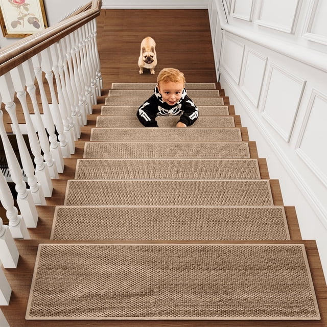 Fiudx 8X30 Inch Flax Non-Slip Stair Treads 4-Pack | Rubber Backing Indoor Stair Mats | Washable Stair Runner for Wooden Steps | Pet & Kid Friendly Stair Rug