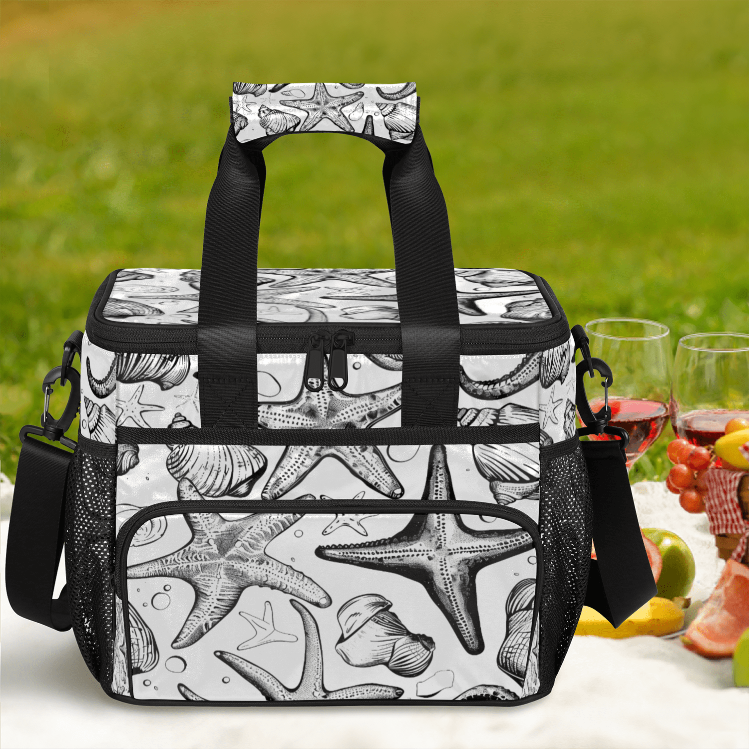 Herdesigns Nautical Starfish Large Lunch Box for Adults Women Men with Adjustable Shoulder Strap, Insulated Reusable Lunch Bag Leakproof Cooler Tote Bag