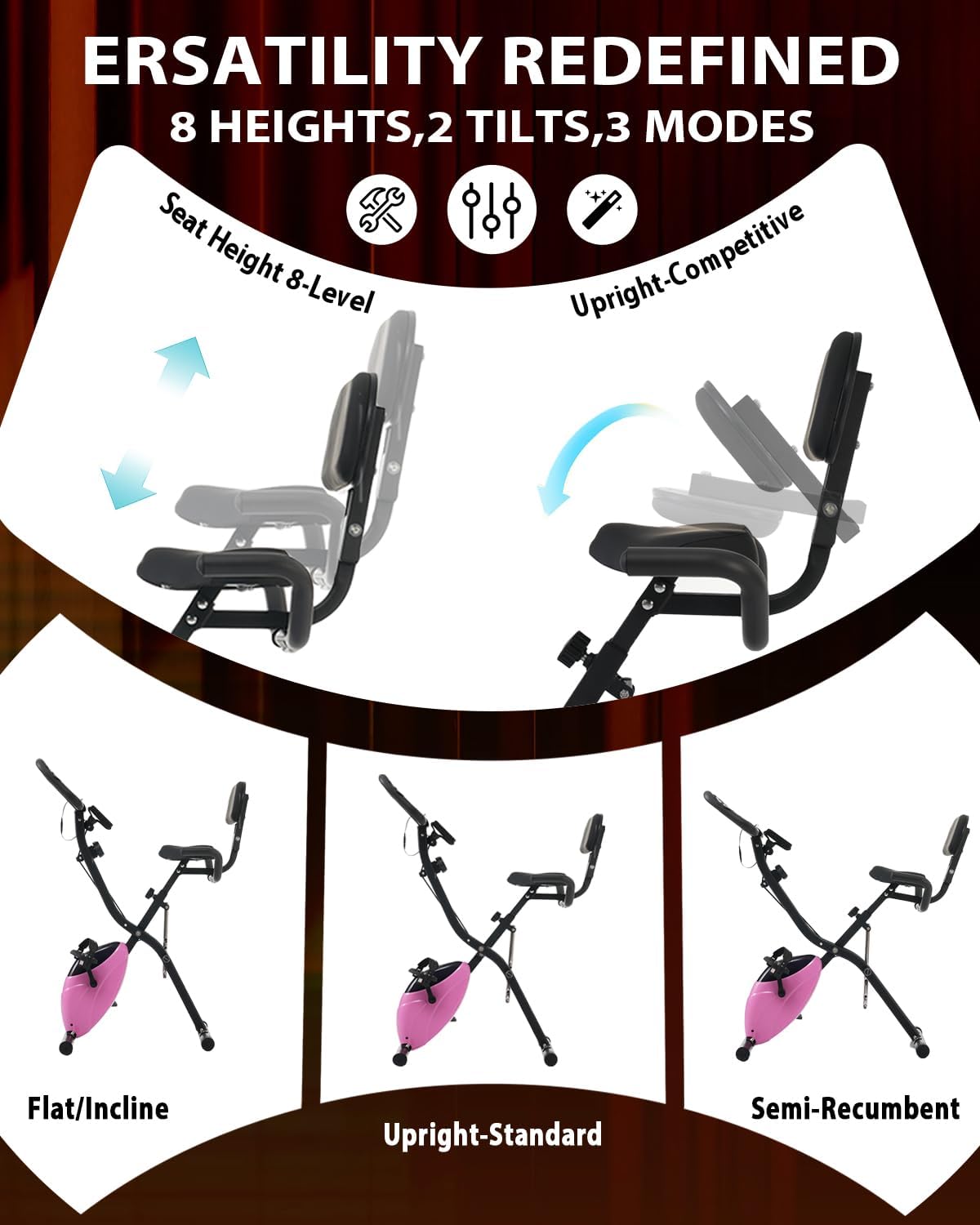 HLAiLL Foldable Magnetic Stationary Exercise Bike for Home 10-Level Adjustable Resistance Indoor Cycling Maximum Weight 300 lbs with Arm Bands and Backrest(Gray)