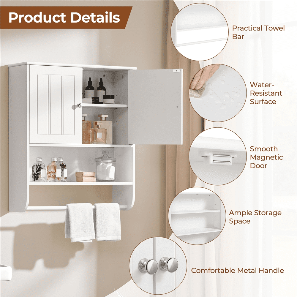 Renwick Bathroom Wall Storage Cabinet with Double Doors and Adjustable Shelf, White