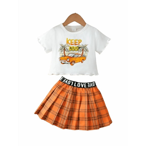 Mikrdoo 7 Years Kid Girls Outfits Skirts Sets Hawaii Car Letter Pattern Short-sleeved Tops Plaid Pleated Skirts 2Pcs Clothing Sizes 4-7 Orange