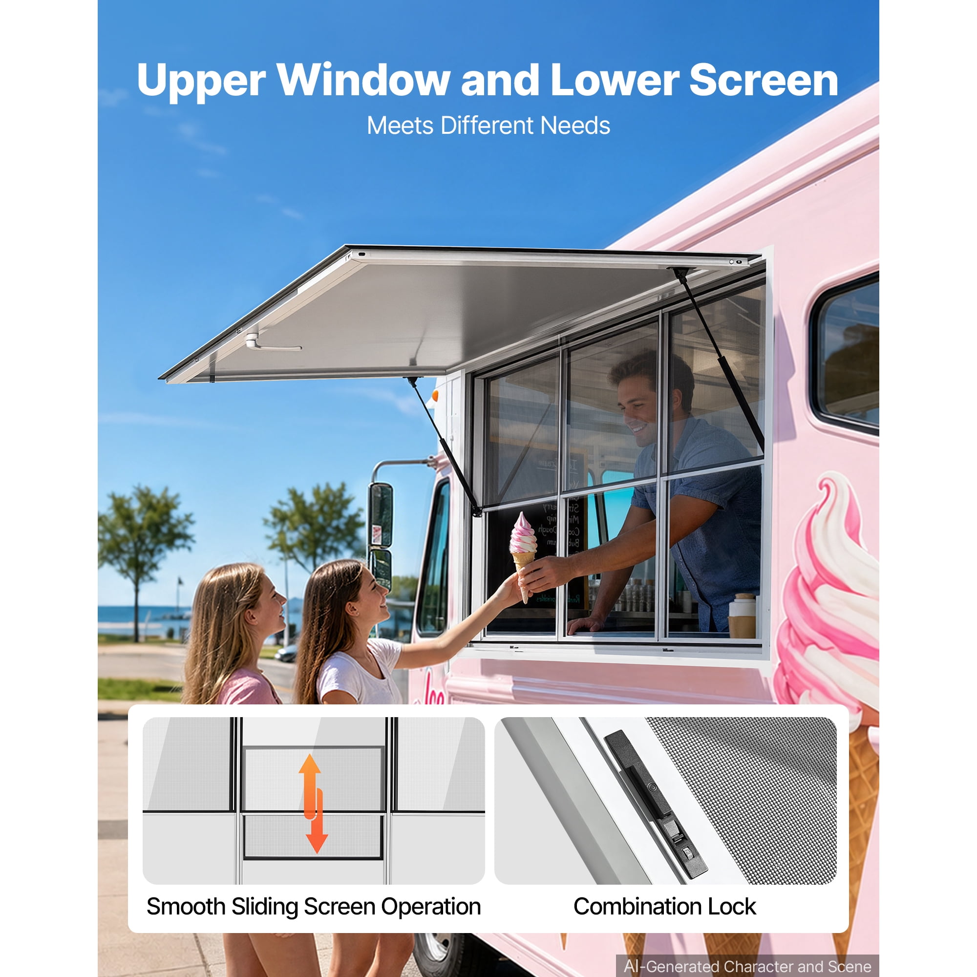 KFFKFF Concession Window 74x40 in Aluminum Alloy Service Window, Designed for Food Trucks, Features 3 Fixed and 3 Sliding Panels, Awning Door with Drag Hook, and Water-Resistant Construction