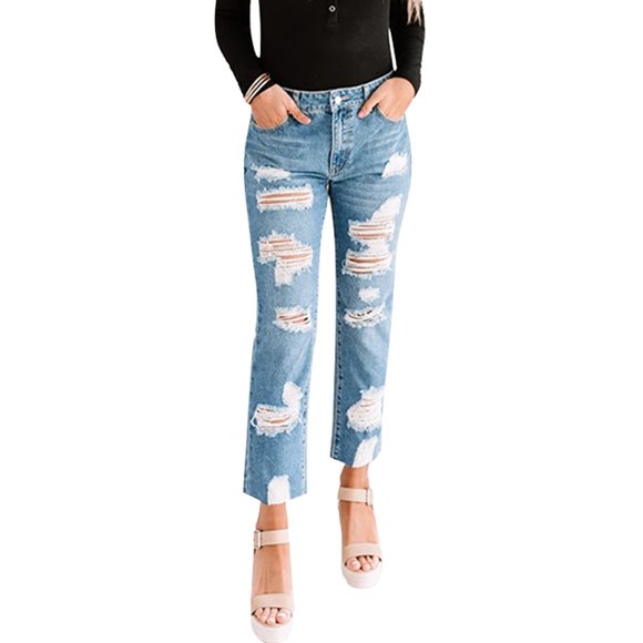 JDinms Jeans pour Femmes Détruits à Trous Déchirés Jambe Droite Coupe Ajustée Pantalon en Denim