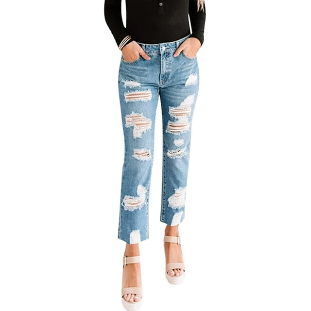 JDinms Womens Destroyed Ripped Holes Jeans Straight Leg Slim Fit Denim Pants