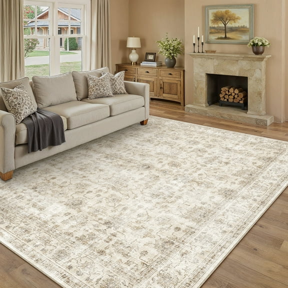 BERTHMEER 8'x10' Large Area Rugs for Living Room Washable Bedroom Rugs Distressed Vintage Oriental Traditional Print Low Pile Beige Rugs for Dining Room Farmhouse Nonsilp Carpet, Beige