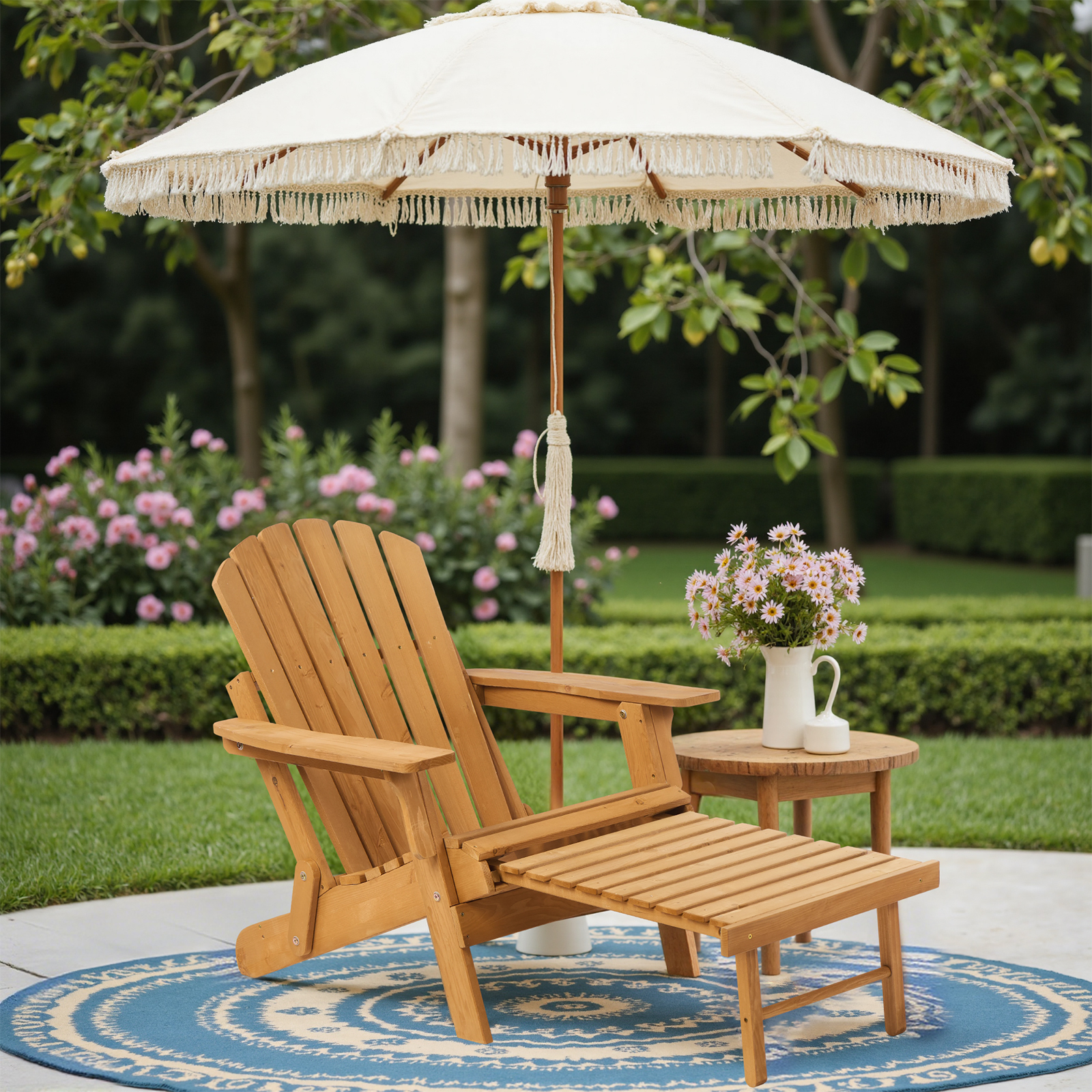 Easy4Home Larger Wooden Adirondack Chair Folding Patio Chair with Retractable Ottoman, Light Brown