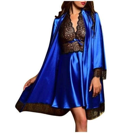 Penkiiy Women s Hollow-out Lace Sexy Lingerie Nightgown And Nightgown Two-piece Set Plus Size Swimwear M Blue On Sale