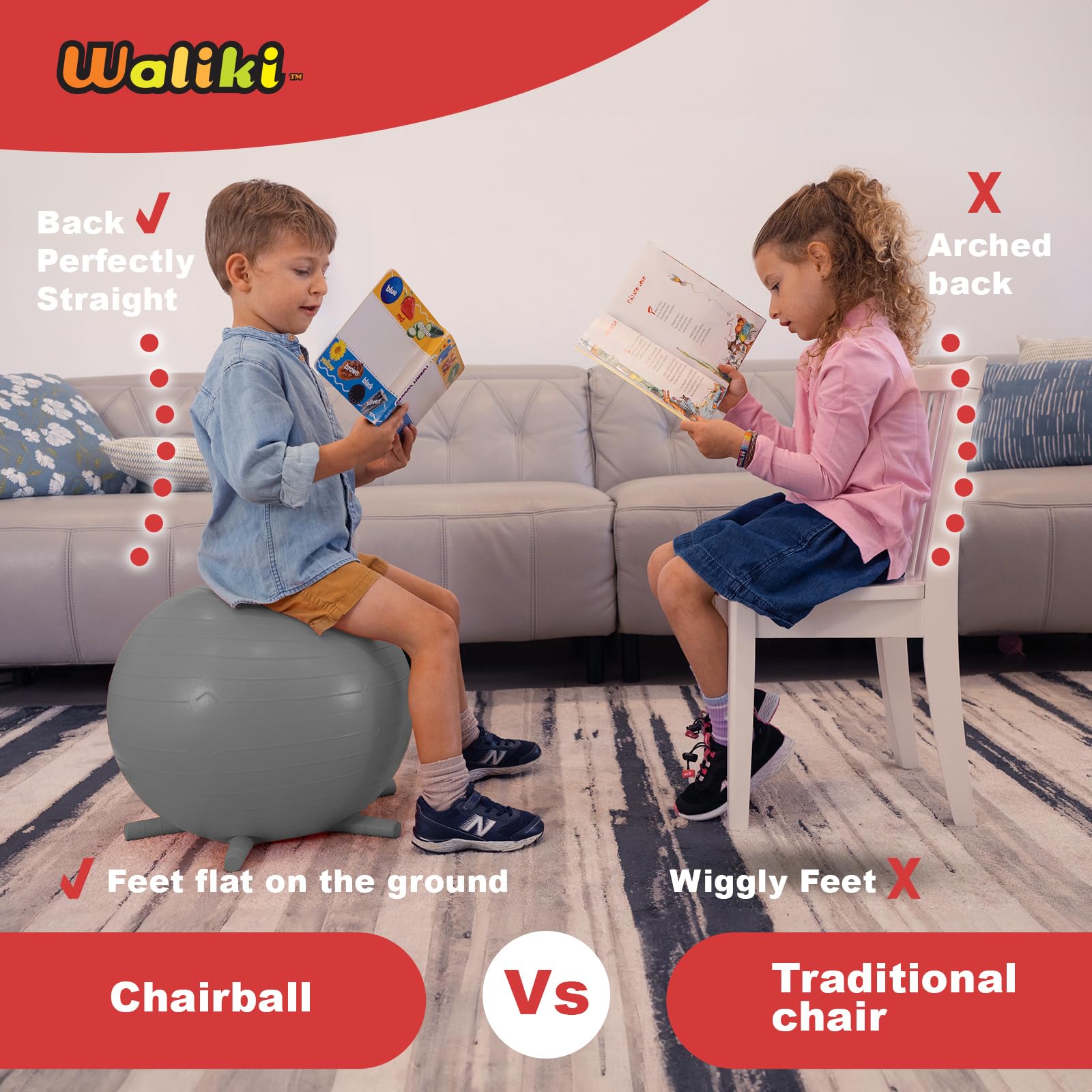 WALIKI Chair Ball with Feet for Kids 4 Pack | Alternative Classroom Seating Ball | 18"/45CM Gray
