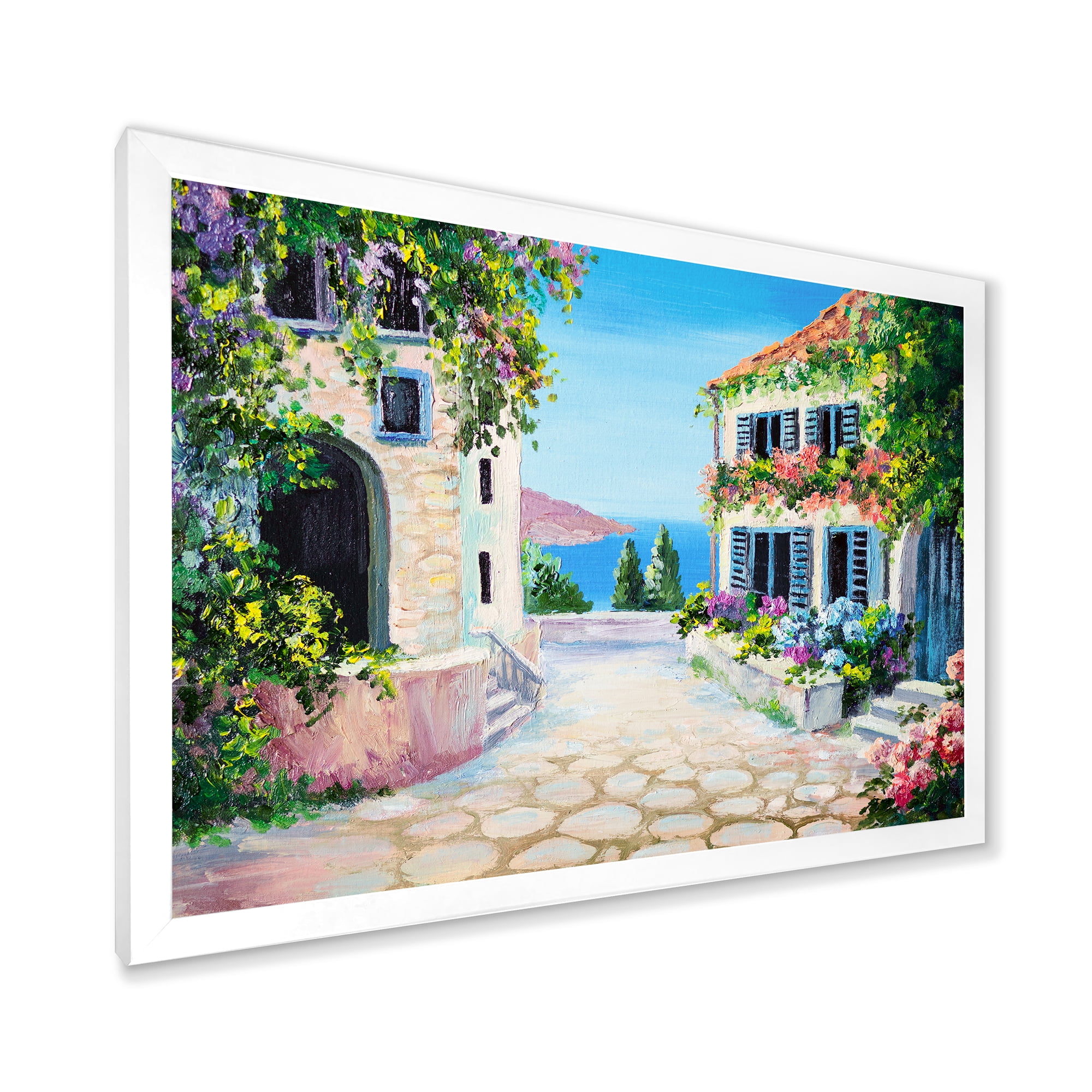 Designart 'Blossoming Flowers With White Houses With Near The Sea' Nautical & Coastal Framed Art Print
