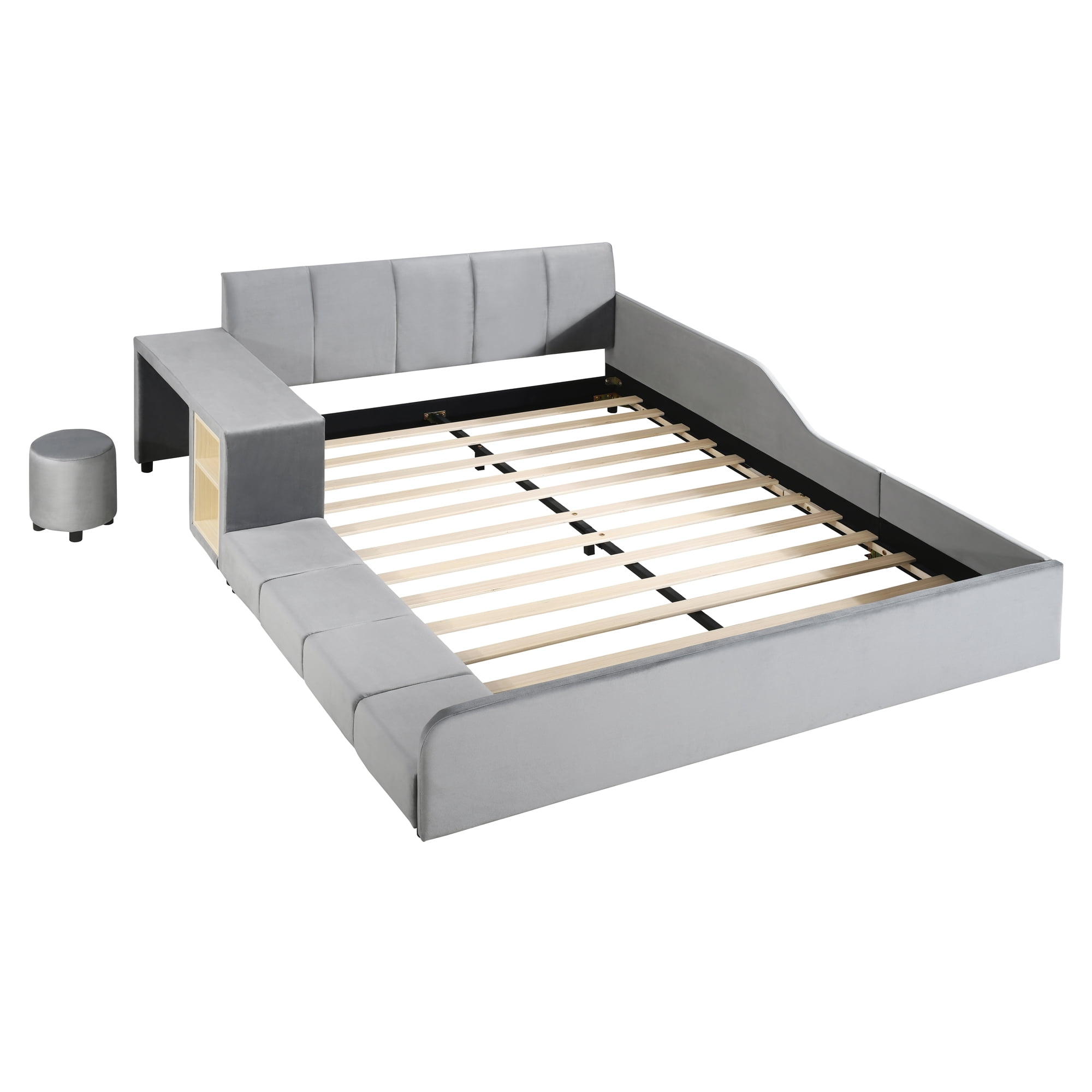 Aukfa Queen Size Mother & Child Bed Frame, Velvet Upholstered Platform Bed with Bedside Desk & Stool, Grounded Design, Gray