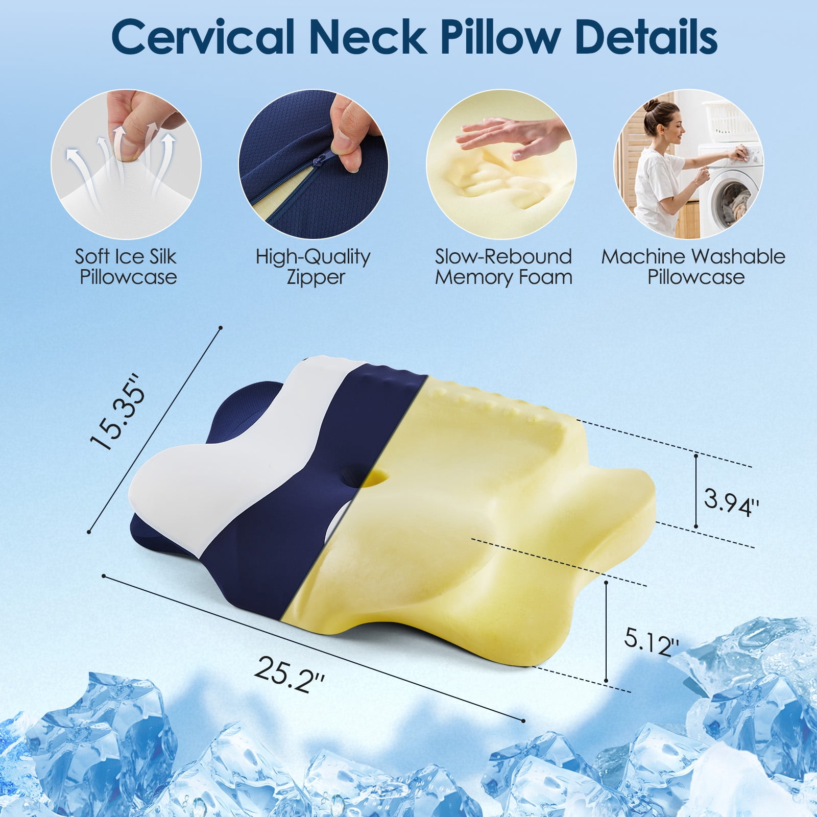 DONAMA Cervical Neck Pillow for Pain Relief Sleeping, Memory Foam Pillow Neck Pillow Bed Pillow with Pillowcase for Side Back and Stomach Sleepers, Blue and White