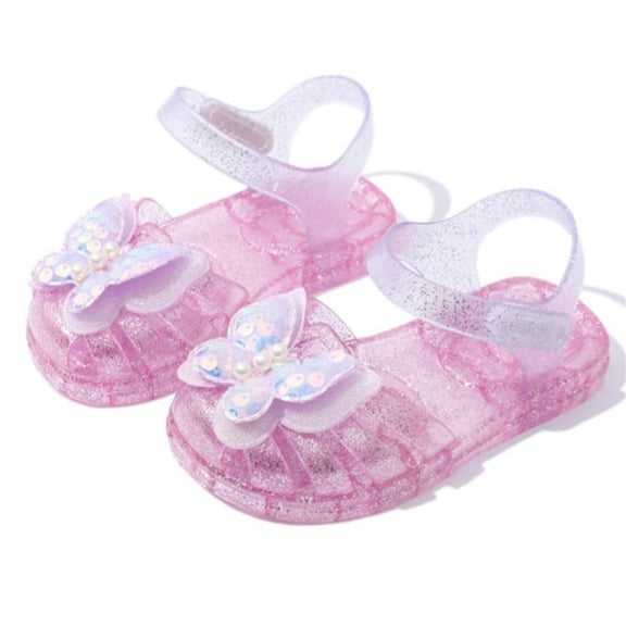 Avrnliq Pink Jelly Sandals for Kids Girls, Sparkly Glitter 3D Butterfly Waterproof PVC Open-Toe Adjustable Ankle Strap Summer Casual Shoes,Size 26