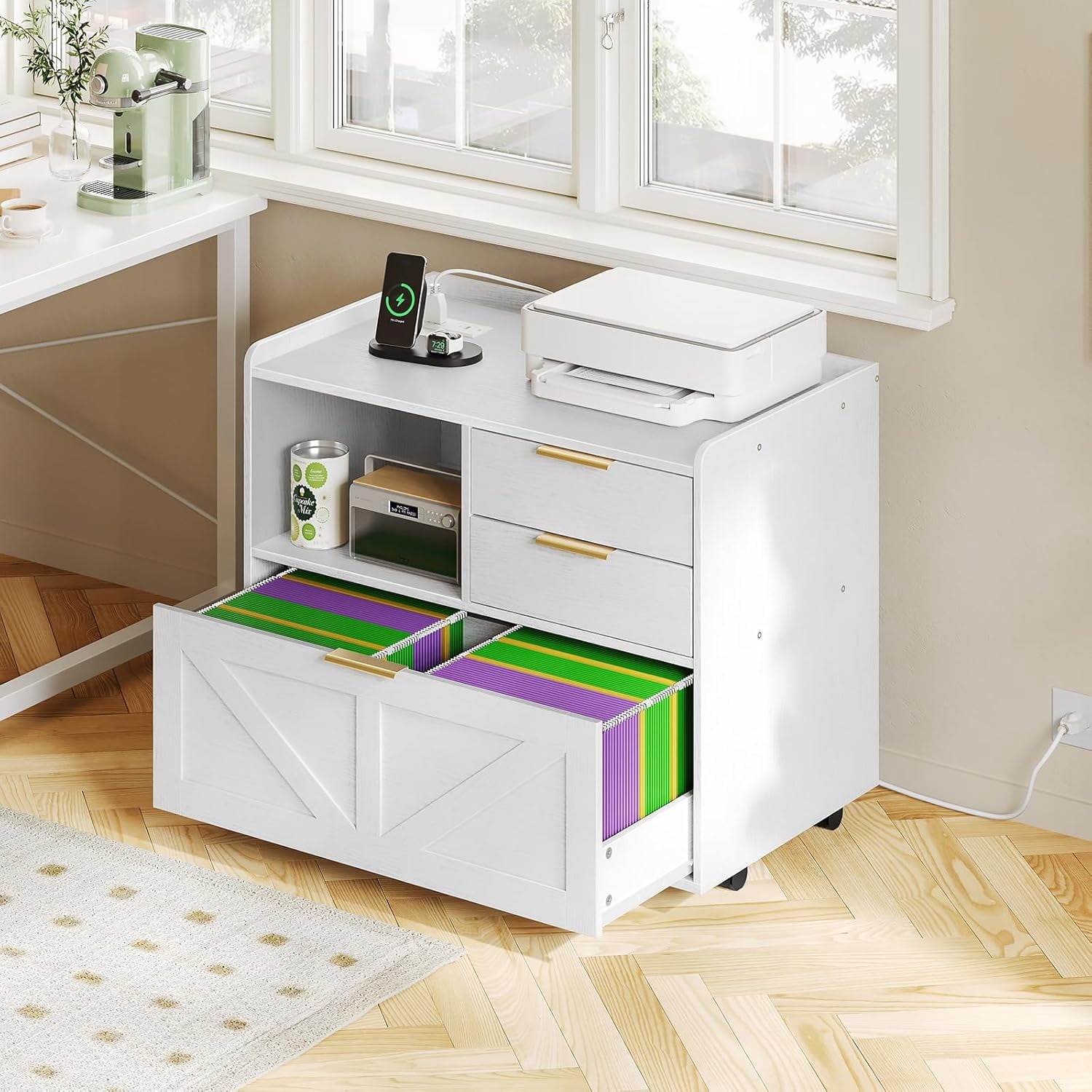 HOOBRO Rolling Wooden Lateral File Cabinet with Charging Station, Printer Stand & Open Storage, White