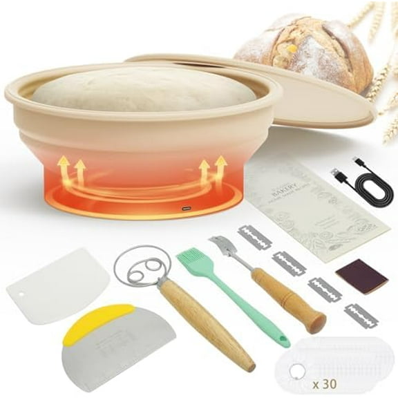 Heated Sourdough Bread Baking Supplies Starter Kit - Silicone Banneton Bread Proofing Basket Warmer with Adjustable Temp (86-113°F), 9 PCS$$Home Decor, Kitchen, & Other