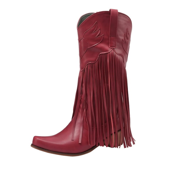 YLYL Womens Fringe Mid Calf Boots Pointed Toe Chunky Heel Western Cowgirl Cowboy Boots