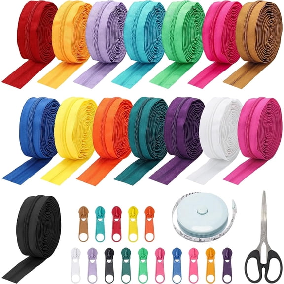 Plutput 45 Yards 15 Colors #5 Nylon Coil Zippers with 90Pcs Pull Heads, Scissor, Ruler, Assorted Lengths Sewing Zipper for DIY Sewing Crafts Zipper Tape for Craft Making Supplies Kit